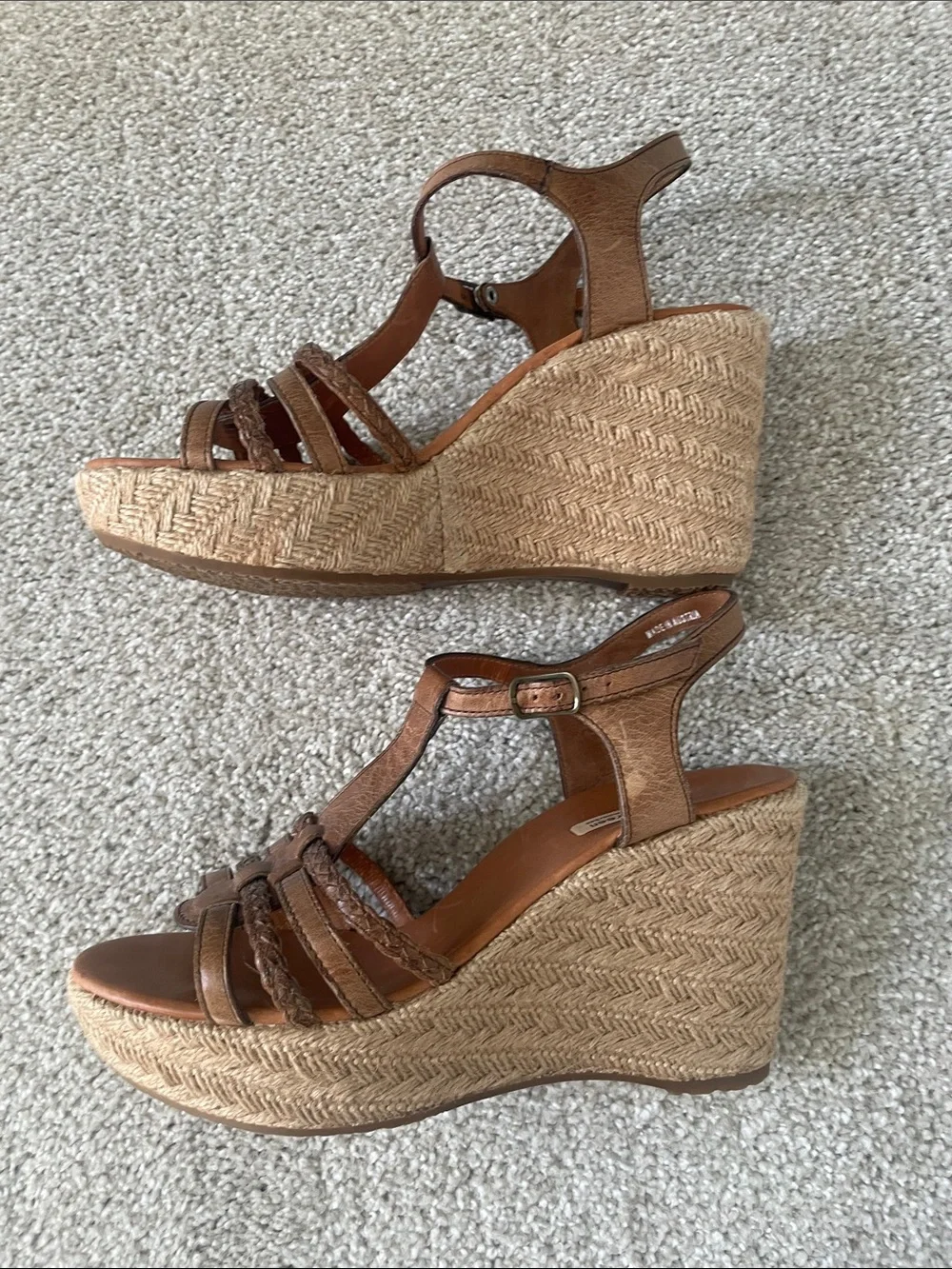Paul Green Tan Leather Braided T-Strap Wedge Espadrilles.